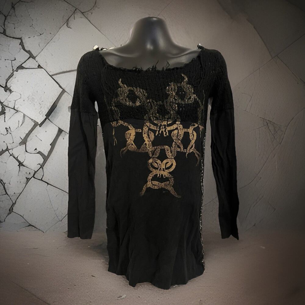 VTG Y2K Long Tunic Top Distressed Mesh Off Shoulder Goth Tattoo Graphic Studded